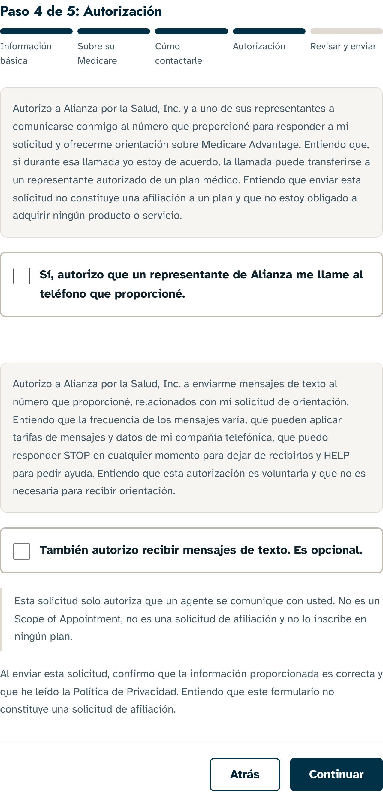 Step 4 of 5 of the Spanish guidance request form. It shows the phone call consent text and its checkbox, and below it the separate text message consent text and its checkbox. Both checkboxes are unchecked.